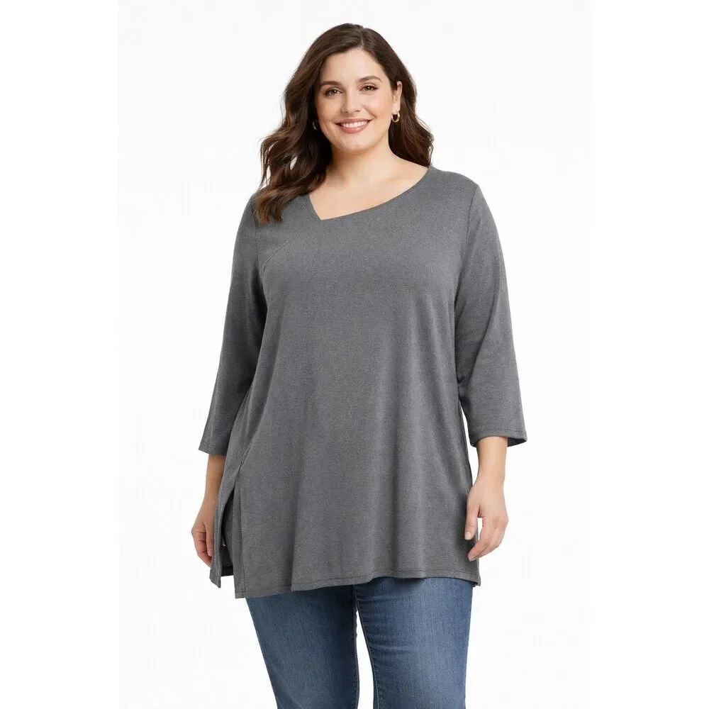 Sympli Gray Flowy Tunic Shirt Size 16 Asymmetrical Neckline Boxy Heathered